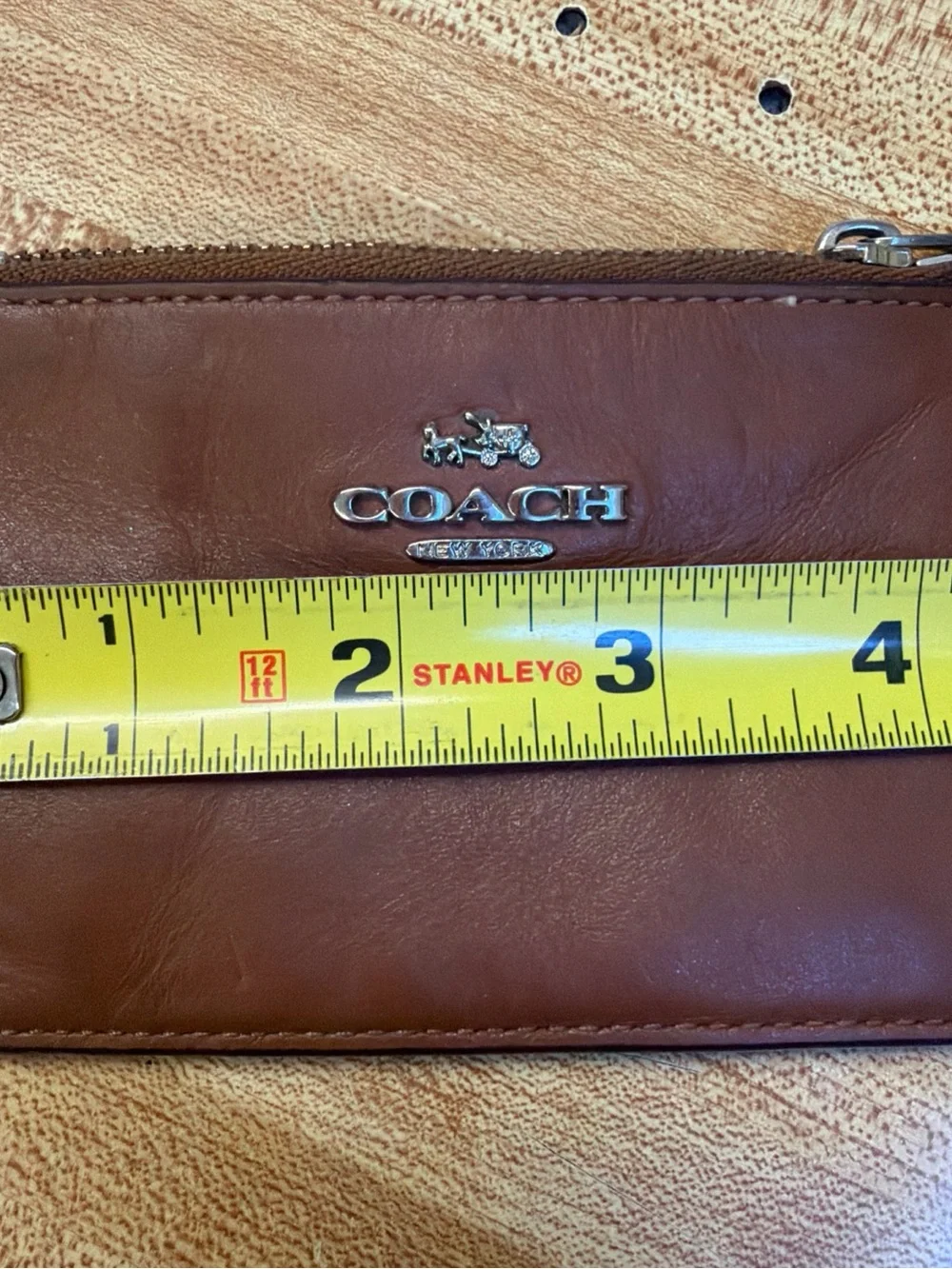 Coach Brown Leather Zip Card Case with Silver Logo